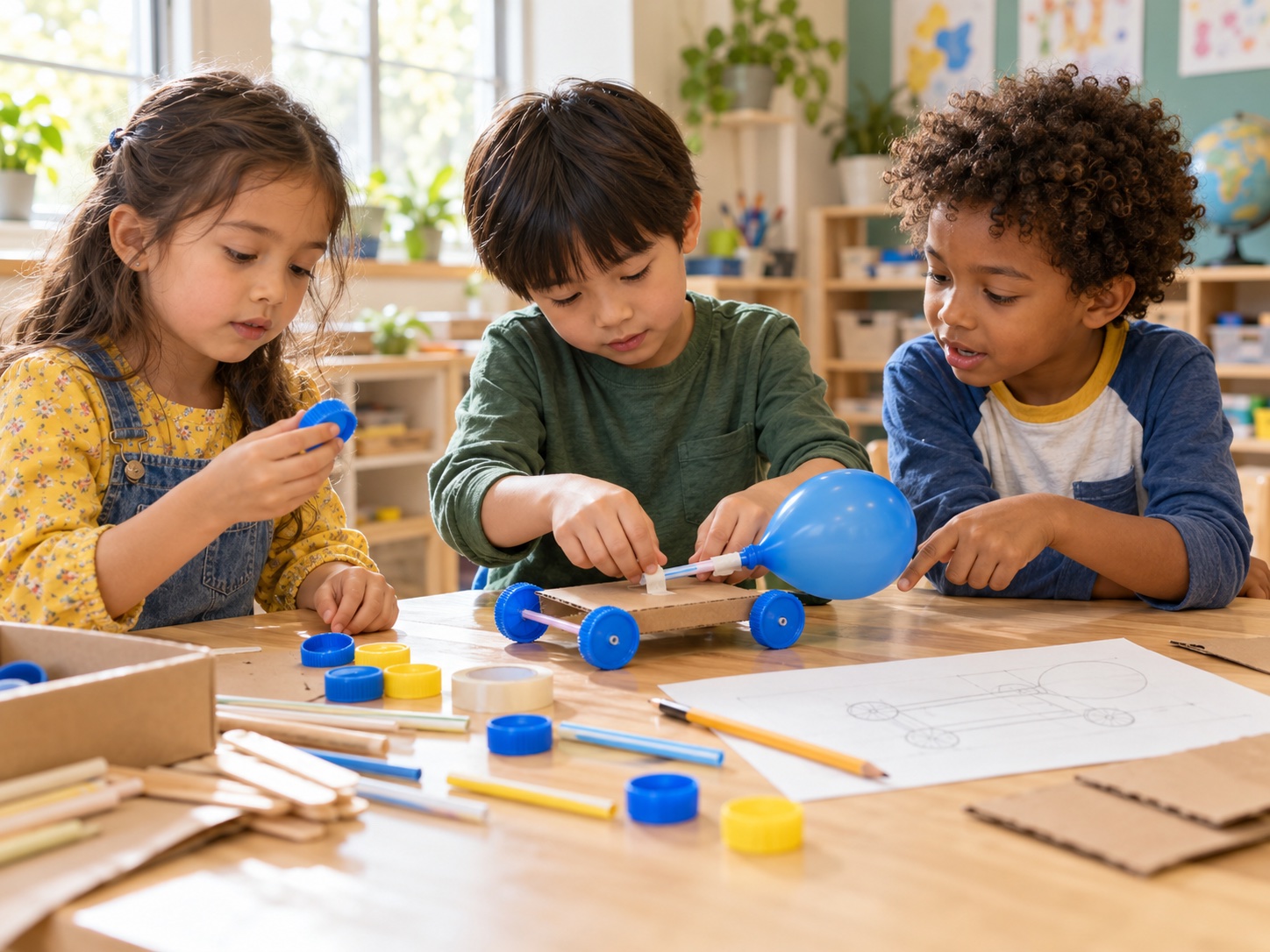 AI-generated scene of three children exploring materials and building a balloon-powered car together