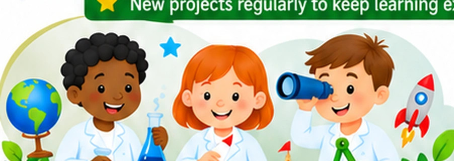 Three illustrated children excited about STEM experiments
